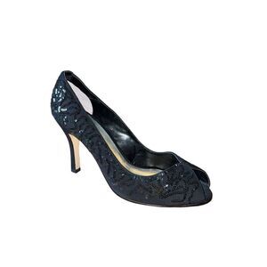 Caparros Nature Black Beaded Peau Peep Toe Heel Size Womens Size 10 GREAT CONDIT